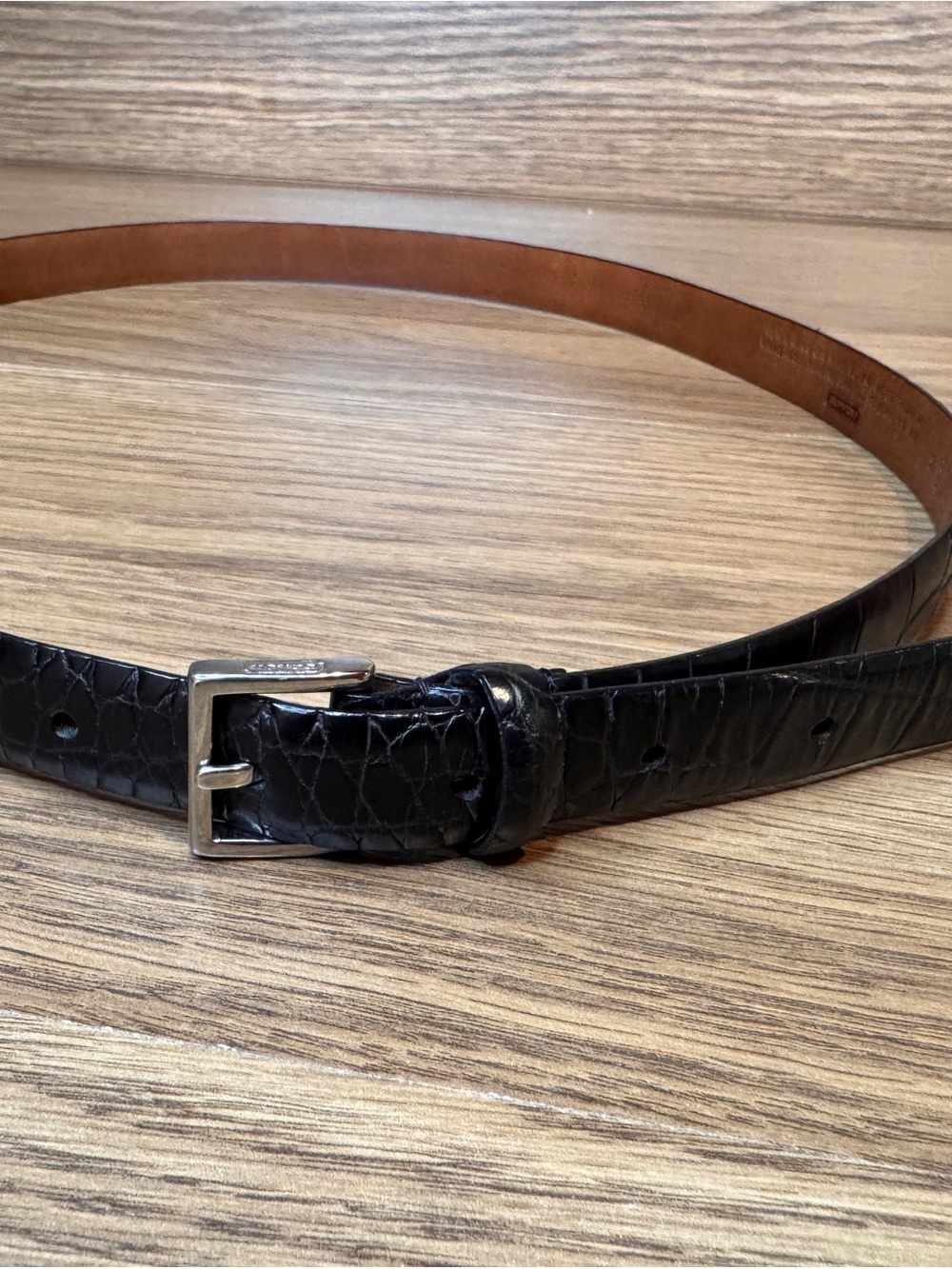Coach Black Embossed Calfskin Leather Belt Silver Brass 8553 Womens Large